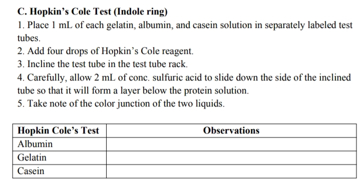 C. Hopkin's Cole Test (Indole ring)
1. Place 1 mL of each gelatin, albumin, and casein solution in separately labeled test
tubes.
2. Add four drops of Hopkin's Cole reagent.
3. Incline the test tube in the test tube rack.
4. Carefully, allow 2 mL of conc. sulfuric acid to slide down the side of the inclined
tube so that it will form a layer below the protein solution.
5. Take note of the color junction of the two liquids.
Hopkin Cole's Test
Observations
Albumin
Gelatin
Casein
