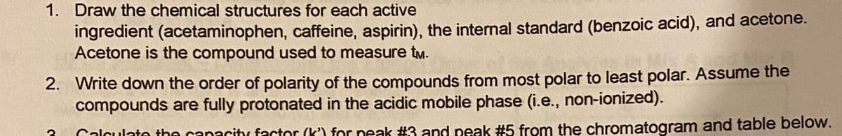 1. Draw the chemical structures for each active
ingredient (acetaminophen, caffeine, aspirin), the internal standard (benzoic acid), and acetone.
Acetone is the compound used to measure tM.
2. Write down the order of polarity of the compounds from most polar to least polar. Assume the
compounds are fully protonated in the acidic mobile phase (i.e., non-ionized).
Calculate the canacitr factor (k') for peak #3 and peak #5 from the chromatogram and table below.
