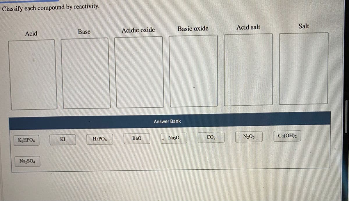 Classify each compound by reactivity.
Acidic oxide
Basic oxide
Acid salt
Salt
Acid
Base
Answer Bank
H3PO4
Bao
Na20
CO2
N2O5
Ca(OH)2
K2HPO4
KI
NazSO4
