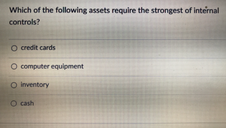 Which of the following assets require the strongest of internal
controls?
O credit cards
O computer equipment
O inventory
O cash
