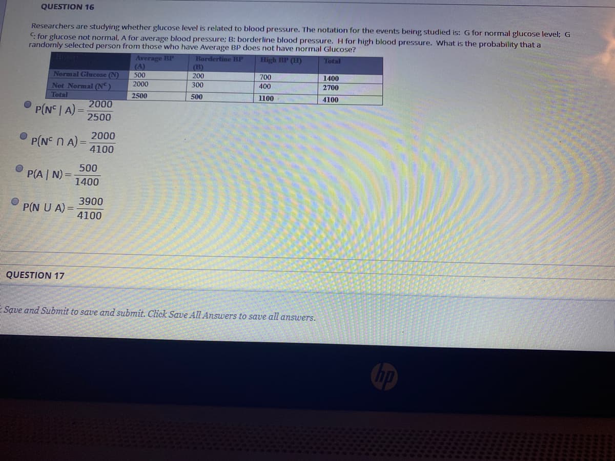 QUESTION 16
Researchers are studying whether glucose level is related to blood pressure. The notation for the events being studied is: G for normal glucose level; G
C. for glucose not normal, A for average blood pressure; B: borderline blood pressure. H for high blood pressure. What is the probability that a
randomly selected person from those who have Average BP does not have normal Glucose?
Average BP
(A)
500
Borderline BP
High BP (H)
Total
(B)
Normal Glucose (N)
200
700
1400
Not Normal (N").
300
2000
400
2700
Total
2500
500
1100
4100
2000
P(N | A) =
2500
2000
P(N N A)
4100
500
P(A | N)
%3D
1400
3900
P(N U A)=
4100
QUESTION 17
E Save and Submit to save and submit. Click Save All Answers to save all answers.
hp
