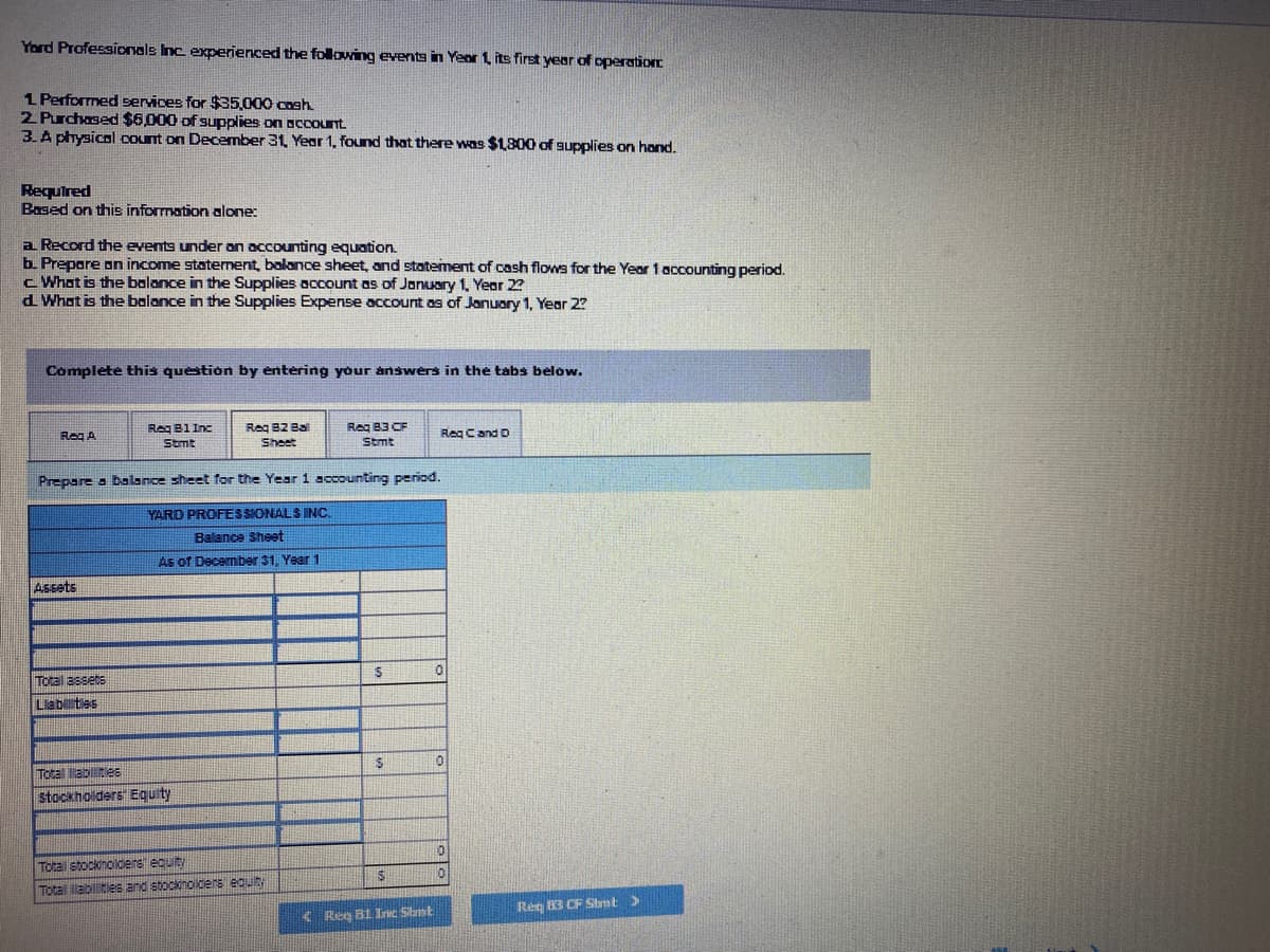 Yord Professionals Inc experienced the following events in Yeor 1 its first year of operatior
1 Performed services for $35,000 cosh.
2 Purchased $6,000 of supplies on account
3. A physical count on December 31, Year 1, found that there was $1800 of supplies on hand.
Required
Based on this information alone:
a Record the events under an accounting equation.
b. Prepore on income statement, balance sheet, and statement of cash flows for the Year 1 accounting period.
c What is the balance in the Supplies account as of January 1, Year 22
d What is the balance in the Supplies Expense account as of January 1, Year 2?
Complete this question by entering your answers in the tabs below.
Req B1 Inc
Reg B2 Bal
Reg B3 CF
Reg A
Reg Cand D
Stmt
Sheet
Stmt
Prepare a balance sheet for the Year 1 accounting period.
YARD PROFESSIONALS INC.
Balance Sheet
As of Decemiber 31, Year 1
Assets
Total assets
Lab tes
Total lablties
stockholders Equity
Total stocknolders equity
Total labilitles and stocknoldens equt
Reg 3 CF Stnt>
( Reg B1 Inc Sitrmt

