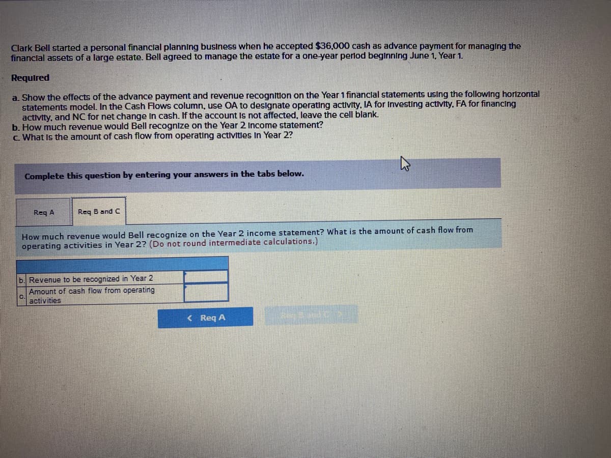 Clark Bell started a personal financlal planning business when he accepted $36,000 cash as advance payment for managing the
financlal assets of a large estate. Bell agreed to manage the estate for a one-year perlod beginning June 1, Year 1.
Required
a. Show the effects of the advance payment and revenue recognltion on the Year 1 financlal statements using the following horlzontal
statements model. In the Cash Flows column, use OA to designate operating activity, IA for Investing activity, FA for financing
activity, and NC for net change In cash. If the account Is not affected, leave the cell blank.
b. How much revenue would Bell recognize on the Year 2 Income statement?
c What Is the amount of cash flow from operating activitles In Year 2?
Complete this question by entering your answers in the tabs below.
Req A
Req B and C
How much revenue would Bell recognize on the Year 2 income statement? What is the amount of cash flow from
operating activities in Year 2? (Do not round intermediate calculations.)
b. Revenue to be recognized in Year 2
Amount of cash flow from operating
C.
activities
< Req A
