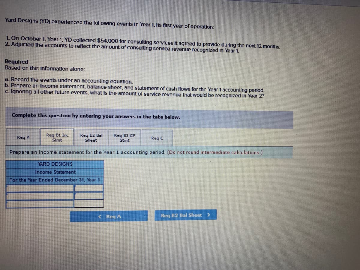 Yard Designs (YD) experlenced the following events In Year 1, its first year of operation:
1 On October 1, Year 1, YD collected $54,000 for consulting services It agreed to provide during the next 12 months.
2 Adjusted the accounts to reflect the amount of consulting service revenue recognized In Year 1.
Required
Based on this Information alone:
a. Record the events under an accounting equation.
b. Prepare an Income statement, balance sheet, and statement of cash flows for the Year 1 accounting perlod.
c Ignoring all other future events, what Is the amount of service revenue that would be recognized in Year 2?
Complete this question by entering your answers in the tabs below.
Req B1 Inc
Stmt
Reg B2 Bal
Sheet
Req B3 CF
Stmt
Req A
Req C
Prepare an income statement for the Year 1 accounting period. (Do not round intermediate calculations.)
YARD DESIGNS
Income Statenment
For the Year Ended December 31, Year 1
< Req A
Reg B2 Bal Sheet >

