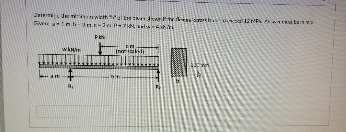 Determine the minimum width "b" of the beam shown if the flexural stress is not to exceed 12 MPa. Answer must be in mm.
Given: a = 1 m, b = 3 m. c = 2 m, P = 7 kN, and w = 4 kN/m.
PkN
cm
w kN/m
(not scaled)
220 mm
** a m
R1
Ra
