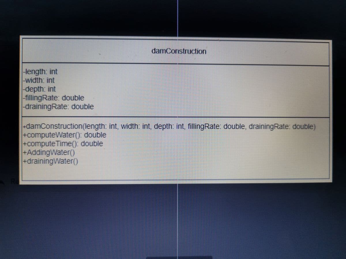 damConstruction
Hength: int
width int
depth: int
fillingRate: double
drainingRate: double
-damConstruction(length: int, width: int, depth: int, fillingRate: double, drainingRate: double)
+computeWater() double
+compute Time() double
+AddingWater()
+drainingWater()
Re
