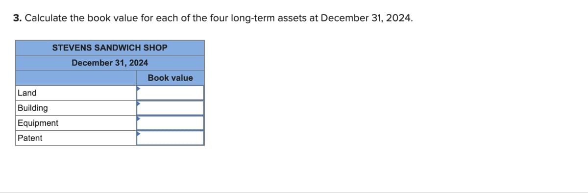 3. Calculate the book value for each of the four long-term assets at December 31, 2024.
STEVENS SANDWICH SHOP
December 31, 2024
Land
Building
Equipment
Patent
Book value