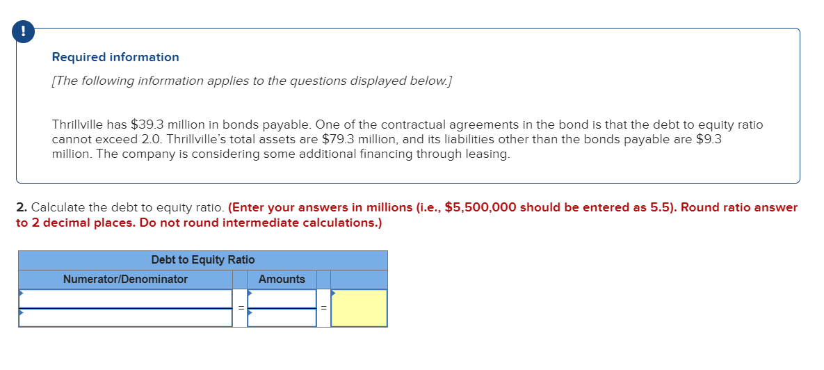 !
Required information
[The following information applies to the questions displayed below.]
Thrillville has $39.3 million in bonds payable. One of the contractual agreements in the bond is that the debt to equity ratio
cannot exceed 2.0. Thrillville's total assets are $79.3 million, and its liabilities other than the bonds payable are $9.3
million. The company is considering some additional financing through leasing.
2. Calculate the debt to equity ratio. (Enter your answers in millions (i.e., $5,500,000 should be entered as 5.5). Round ratio answer
to 2 decimal places. Do not round intermediate calculations.)
Debt to Equity Ratio
Numerator/Denominator
Amounts