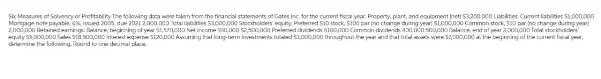 Six Measures of Solvency or Profitability The following data were taken from the financial statements of Gates Inc. for the current fiscal year. Property, plant, and equipment (net) $3,200,000 Liabilities: Current liabilities $1,000,000
Mortgage note payable, 6%, issued 2005, due 2021 2,000,000 Total liabilities $3,000,000 Stockholders' equity: Preferred S10 stock, $100 par (no change during year) $1,000,000 Common stock, $10 par (no change during year)
2,000,000 Retained earnings: Balance, beginning of year $1,570,000 Net income 930,000 $2,500,000 Preferred dividends $100,000 Common dividends 400,000 500,000 Balance, end of year 2,000,000 Total stockholders'
equity $5,000,000 Sales $18,900,000 Interest expense $120,000 Assuming that long-term investments totaled $3,000,000 throughout the year and that total assets were $7,000,000 at the beginning of the current fiscal year,
determine the following. Round to one decimal place.