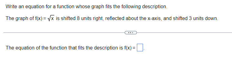 Write an equation for a function whose graph fits the following description.
The graph of f(x)=√√x is shifted 8 units right, reflected about the x-axis, and shifted 3 units down.
The equation of the function that fits the description is f(x) =