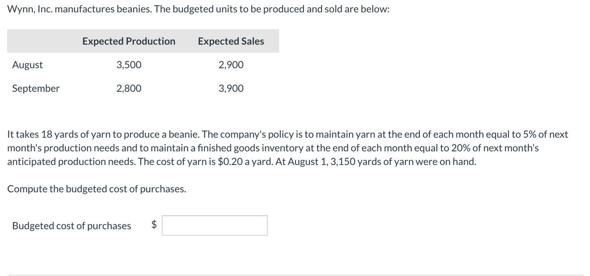 Wynn, Inc. manufactures beanies. The budgeted units to be produced and sold are below:
August
September
Expected Production Expected Sales
3,500
2,800
Budgeted cost of purchases
2,900
It takes 18 yards of yarn to produce a beanie. The company's policy is to maintain yarn at the end of each month equal to 5% of next
month's production needs and to maintain a finished goods inventory at the end of each month equal to 20% of next month's
anticipated production needs. The cost of yarn is $0.20 a yard. At August 1, 3,150 yards of yarn were on hand.
Compute the budgeted cost of purchases.
$
3,900