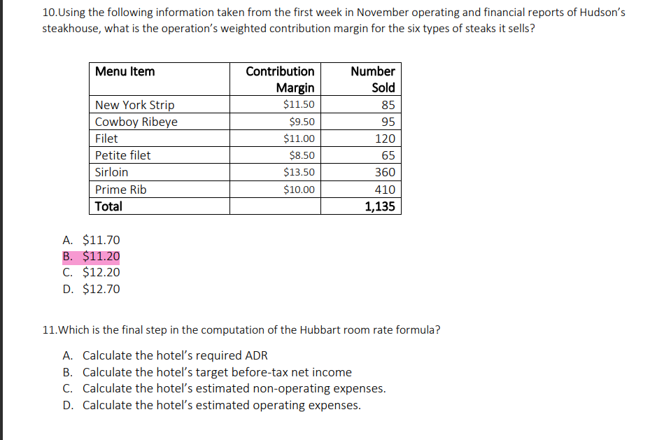 10.Using the following information taken from the first week in November operating and financial reports of Hudson's
steakhouse, what is the operation's weighted contribution margin for the six types of steaks it sells?
Menu Item
New York Strip
Cowboy Ribeye
Filet
Petite filet
Sirloin
Prime Rib
Total
A. $11.70
B. $11.20
C. $12.20
D. $12.70
Contribution
Margin
$11.50
$9.50
$11.00
$8.50
$13.50
$10.00
Number
Sold
85
95
120
65
360
410
1,135
11. Which is the final step in the computation of the Hubbart room rate formula?
A. Calculate the hotel's required ADR
B. Calculate the hotel's target before-tax net income
C. Calculate the hotel's estimated non-operating expenses.
D. Calculate the hotel's estimated operating expenses.