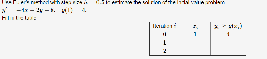 Use Euler's method with step size h =
у — — 4а — 2у — 8, у(1) — 4.
Fill in the table
0.5 to estimate the solution of the initial-value problem
Iteration i
Yi = y(x;)
1
4
1
