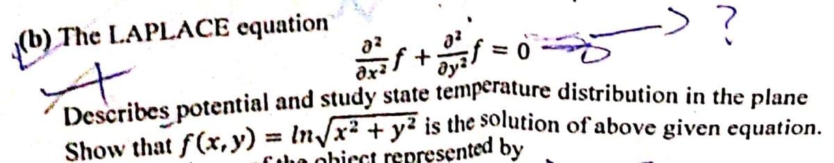 The LAPLACE equation
%3D
if
dy?
Describes potential and study state temperature distribution in the plane
Show that f(x, y) = In/x² + y´ is the solution of above given equation.
%3D
Coha obicct represented by
