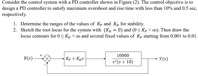 Consider the control system with a PD controller shown in Figure (2). The control objective is to
design a PD controller to satisfy maximum overshoot and rise time with less than 10% and 0.5 sec
respectively.
1. Determine the ranges of the values of Kp and Kp for stability.
2. Sketch the root locus for the system with (Kp = 0) and (0 < Kp < œ). Then draw the
locus contours for 0 < Kp <∞ and several fixed values of Kp starting from 0.001 to 0.0:
10000
R(s)-
Kp + Kps
Y(s)
s²(s + 10)
