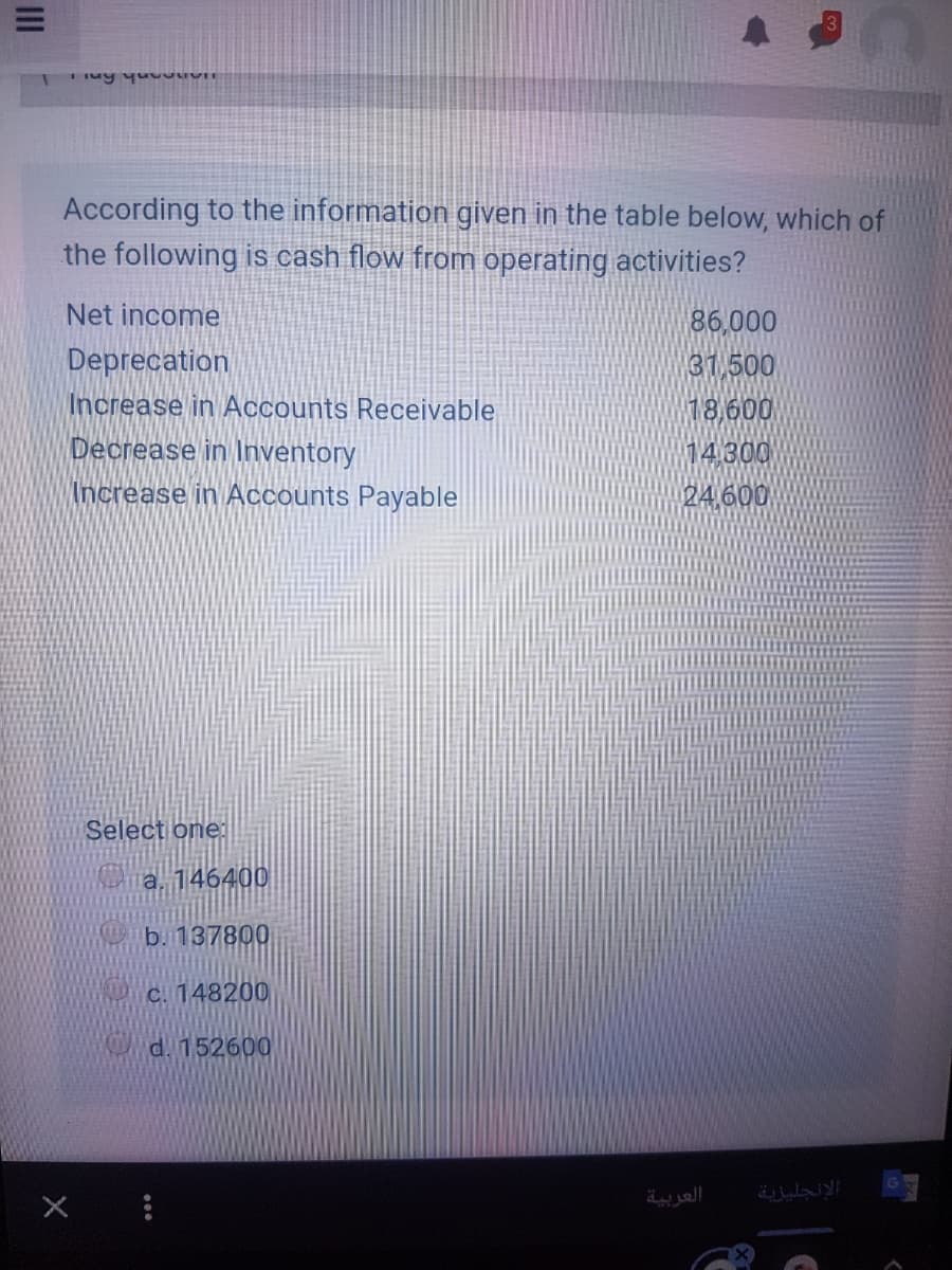 According to the information given in the table below, which of
the following is cash flow from operating activities?
Net income
86,000
Deprecation
Increase in ACcounts Receivable
Decrease in Inventory
31,500
18,600
14 300
Increase in Accounts Payable
24,600
Select one:
a, 146400
b. 137800
C. 148200
d. 152600
العربية
الإنجلياي
II
