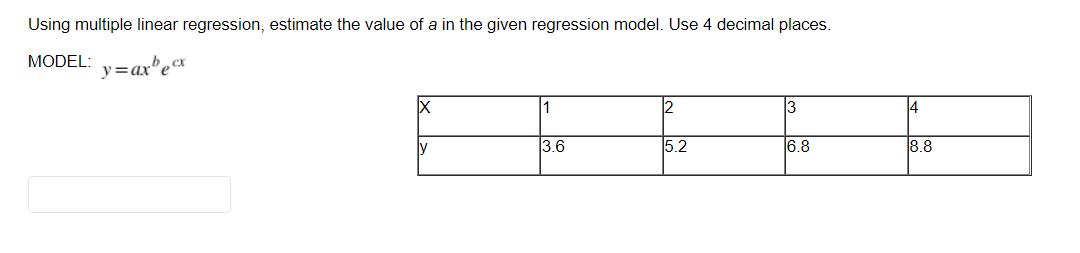 Using multiple linear regression, estimate the value of a in the given regression model. Use 4 decimal places.
MODEL: y=ax"eª
2
14
ly
3.6
5.2
6.8
8.8
