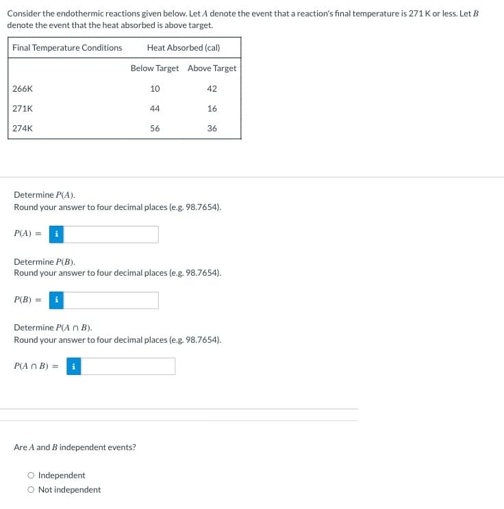 Consider the endothermic reactions given below. Let A denote the event that a reaction's final temperature is 271 K or less. Let B
denote the event that the heat absorbed is above target.
Final Temperature Conditions
Heat Absorbed (cal)
Below Target Above Target
266K
271K
274K
P(A) = i
P(B) =
i
10
Determine P(A).
Round your answer to four decimal places (e.g. 98.7654).
P(An B) = i
44
Are A and B independent events?
56
Determine P(B).
Round your answer to four decimal places (e.g. 98.7654).
O Independent
O Not independent
42
16
36
Determine P(A n B).
Round your answer to four decimal places (e.g. 98.7654).