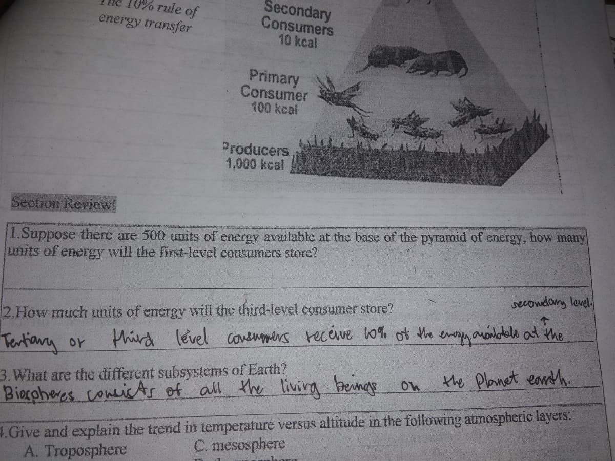 10% rule of
energy transfer
Secondary
Consumers
10 kcal
Primary
Consumer
100 kcal
Producers
1,000 kcal
Section Review!
1.Suppose there are 500 units of energy available at the base of the pyranid of energy, how many
units of energy will the first-level consumers store?
secomdary level
2.How much units of energy will the third-level consumer store?
Tertiany or
third level conempmers receive 0% of the evegy ananadle at the
3. What are the different subsystems of Earth?
Biospheres concic As of all the living beinge on
the Planet earnth.
4.Give and explain the trend in temperature versus altitude in the following atmospheric layers:
A. Troposphere
C. mesosphere
