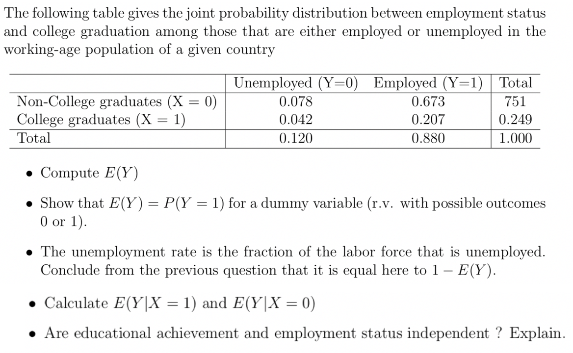 The following table gives the joint probability distribution between employment status
and college graduation among those that are either employed or unemployed in the
working-age population of a given country
Unemployed (Y=0) Employed (Y=1) | Total
Non-College graduates (X = 0)
College graduates (X = 1)
0.078
0.673
751
0.042
0.207
0.249
Total
0.120
0.880
1.000
• Compute E(Y)
• Show that E(Y)= P(Y = 1) for a dummy variable (r.v. with possible outcomes
0 or 1).
• The unemployment rate is the fraction of the labor force that is unemployed.
Conclude from the previous question that it is equal here to 1 – E(Y).
• Calculate E(Y|X = 1) and E(Y|X = 0)
• Are educational achievement and employment status independent ? Explain.
