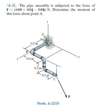 *4-32. The pipe assembly is subjected to the force of
F = (6001 + 800j – 500k) N. Determine the moment of
this force about point A.
0.5 m
0.4 m
0.3 m
0.3 m
F
Probs. 4-32/33
