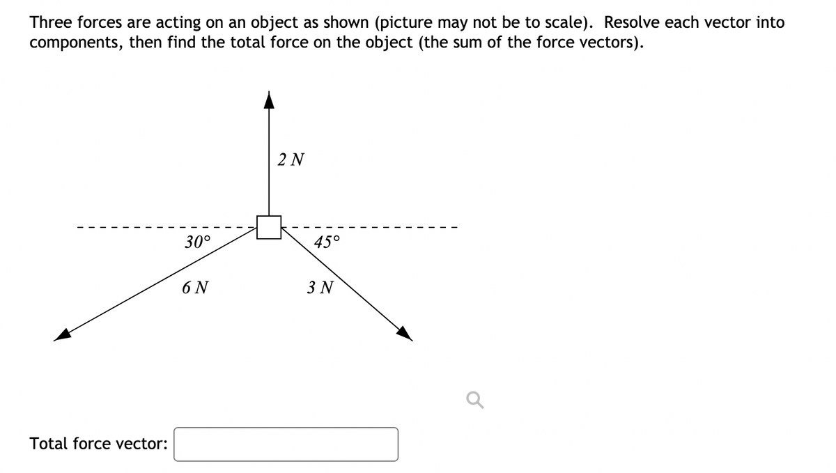 Three forces are acting on an object as shown (picture may not be to scale). Resolve each vector into
components, then find the total force on the object (the sum of the force vectors).
2 N
30°
45°
6 N
3 N
Total force vector:
