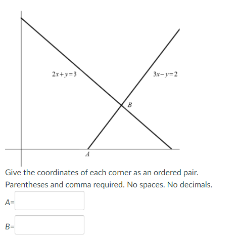 2x+y=3
3x- y=2
B
A
Give the coordinates of each corner as an ordered pair.
Parentheses and comma required. No spaces. No decimals.
A=
B=
