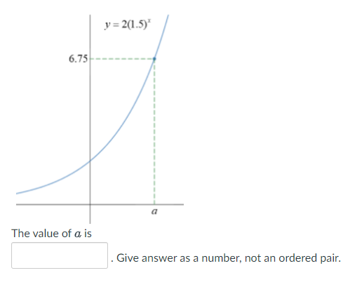 y = 2(1.5)"
6.75
The value of a is
. Give answer as a number, not an ordered pair.
