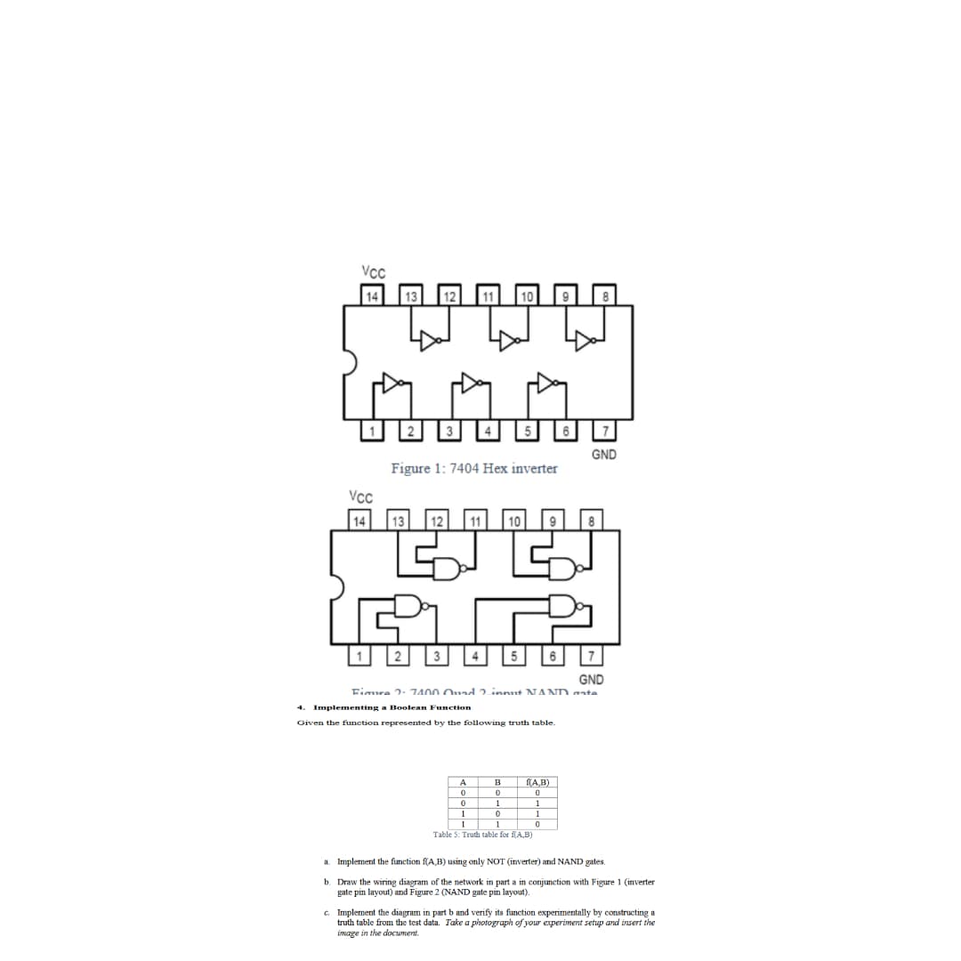 VCC
AAA
Figure 1: 7404 Hex inverter
Vcc
GND
Fimra 2- 7400 Quad 2 innut NAND gate
4. Implementing a Boolean Function
Given the function represented by the following truth table.
A
0
0
B
0
1
f(A,B)
C
0
1
Table 5: Truth table for f(A,B)
GND
1
1
a. Implement the function f(A,B) using only NOT (inverter) and NAND gates.
b. Draw the wiring diagram of the network in part a in conjunction with Figure 1 (inverter
gate pin layout) and Figure 2 (NAND gate pin layout).
c. Implement the diagram in part b and verify its function experimentally by constructing a
truth table from the test data. Take a photograph of your experiment setup and insert the
image in the document.