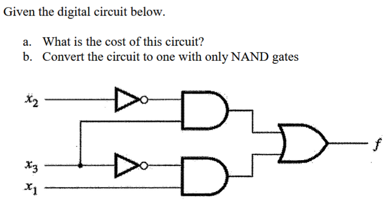 Given the digital circuit below.
a. What is the cost of this circuit?
b. Convert the circuit to one with only NAND gates
Xz
X1
D
D