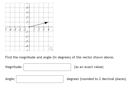 5 -4 -3 -2 -1
-1
-2
-3
-4
Find the magnitude and angle (in degrees) of the vector shown above.
Magnitude:
(as an exact value)
Angle:
degrees (rounded to 2 decimal places)
