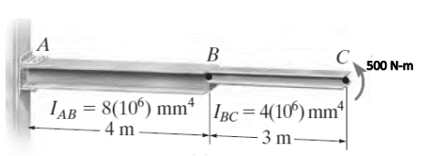 A
В
C
500 N-m
IAB =
8(10°) mm* IBC=4(10°) mm“|
- 4 m
- 3 m-
