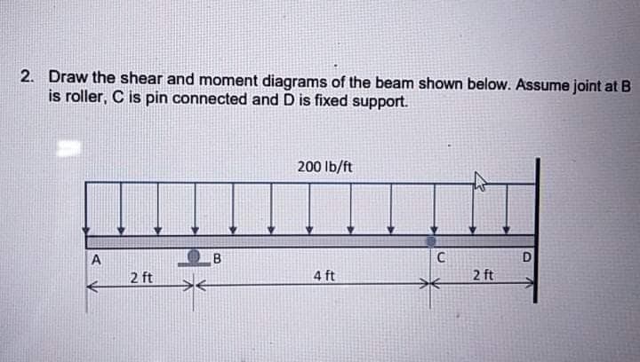 2. Draw the shear and moment diagrams of the beam shown below. Assume joint at B
is roller, C is pin connected and D is fixed support.
200 Ib/ft
A
2 ft
4 ft
2 ft
