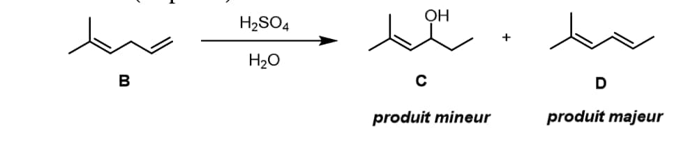 B
H₂SO4
H₂O
OH
C
produit mineur
+
D
produit majeur