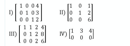 10 04
[1
II) 0
11
I)
0 1 03
1
0 0 12
61
1 1 2 4]
III) | 0 1 2 8
0 0 2 6
IV) 6
1
3 4]
