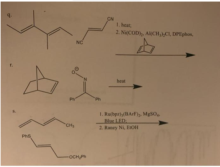 q.
CN
1. heat;
2. Ni(COD),, Al(CH3),CI, DPEphos,
NC
г.
N.
heat
Ph
Ph
S.
1. Ru(bpz);(BAFF)2, MgSO4,
Blue LED;
CH3
2. Raney Ni, EtOH
PhS
OCH2PH
