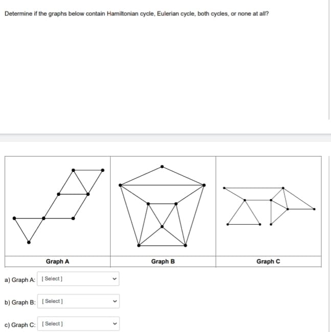 Determine if the graphs below contain Hamiltonian cycle, Eulerian cycle, both cycles, or none at all?
Graph A
a) Graph A: [Select]
b) Graph B: [Select]
c) Graph C: [Select]
>
Graph B
Graph C