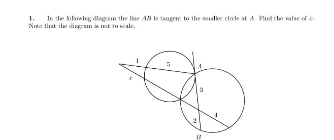 1. In the following diagram the line AB is tangent to the smaller circle at A. Find the value of x.
Note that the diagram is not to scale.
5
A
2
3
B
4