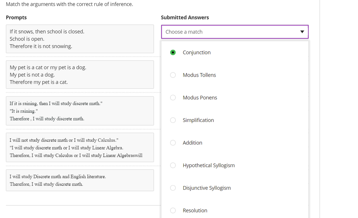 Match the arguments with the correct rule of inference.
Prompts
Submitted Answers
If it snows, then school is closed.
School is open.
Choose a match
Therefore it is not snowing.
Conjunction
My pet is a cat or my pet is a dog.
My pet is not a dog.
Therefore my pet is a cat.
Modus Tollens
Modus Ponens
If it is raining, then I will study discrete math."
"It is raining."
Therefore , I will study discrete math.
Simplification
I will not study discrete math or I will study Calculus."
"I will study discrete math or I will study Linear Algebra.
Therefore, I will study Calculus or I will study Linear Algebraswill
Addition
Hypothetical Syllogism
I will study Discrete math and English literature.
Therefore, I will study discrete math.
Disjunctive Syllogism
Resolution
