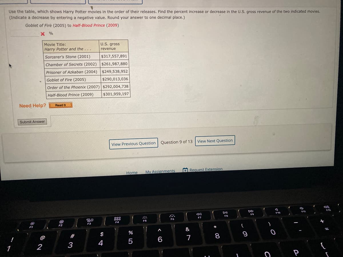 Use the table, which shows Harry Potter movies in the order of their releases. Find the percent increase or decrease in the U.S. gross revenue of the two indicated movies.
(Indicate a decrease by entering a negative value. Round your answer to one decimal place.)
Goblet of Fire (2005) to Half-Blood Prince (2009)
X %
U.S. gross
revenue
Movie Title:
Harry Potter and the. ..
Sorcerer's Stone (2001)
$317,557,891
Chamber of Secrets (2002) $261,987,880
Prisoner of Azkaban (2004) $249,538,952
Goblet of Fire (2005)
$290,013,036
Order of the Phoenix (2007)| $292,004,738
Half-Blood Prince (2009)
$301,959,197
Need Help?
Read It
Submit Answer
View Previous Question
Question 9 of 13 View Next Question
+ Request Extension
Home
My Assignments
F12
DD
F11
DII
F10
F9
FB
F7
F6
吕0
F4
F3
F1
&
$
9
@
7
4
5
2
3
w #
< (O
