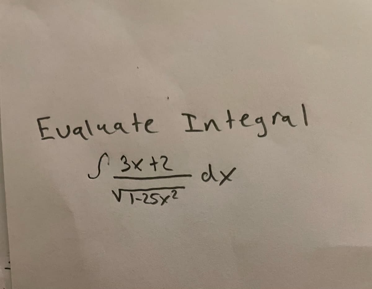 Evaluate Integral
S3x+2_
dx
VT-25x?
