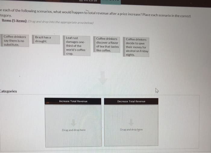 or each of the following scenarios, what would happen to total revenue after a price increase? Place each scenario in the correct
tegory.
Items (5 items) (Drag and drop into the appropriate area below)
Coffee drinkers
say there is no
substitute.
Categories
Brazil has a
drought.
Leaf rust
damages one-
third of the
world's coffee
crop.
Increase Total Revenue
Drag and drop here
Coffee drinkers
discover a flavor
of tea that tastes
like coffee.
Coffee drinkers
decide to save
their money for
alcohol on Friday
nights.
Decrease Total Revenue
Drag and drop here
27