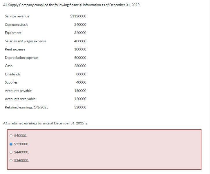 A1 Supply Company compiled the following financial information as of December 31, 2025:
Service revenue
Common stock
Equipment
Salaries and wages expense
Rent expense
Depreciation expense
Cash
Dividends
Supplies
Accounts payable
Accounts receivable
Retained earnings, 1/1/2025
$1120000
240000
320000
$40000.
$320000.
$440000.
O $360000.
400000
100000
500000
280000
80000
40000
160000
120000
320000
A1's retained earnings balance at December 31, 2025 is