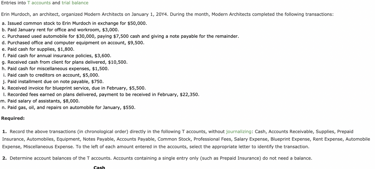 Entries into T accounts and trial balance
Erin Murdoch, an architect, organized Modern Architects on January 1, 20Y4. During the month, Modern Architects completed the following transactions:
a. Issued common stock to Erin Murdoch in exchange for $50,000.
b. Paid January rent for office and workroom, $3,000.
c. Purchased used automobile for $30,000, paying $7,500 cash and giving a note payable for the remainder.
d. Purchased office and computer equipment on account, $9,500.
e. Paid cash for supplies, $1,800.
f. Paid cash for annual insurance policies, $3,600.
g. Received cash from client for plans delivered, $10,500.
h. Paid cash for miscellaneous expenses, $1,500.
i. Paid cash to creditors on account, $5,000.
j. Paid installment due on note payable, $750.
k. Received invoice for blueprint service, due in February, $5,500.
1. Recorded fees earned on plans delivered, payment to be received in February, $22,350.
m. Paid salary of assistants, $8,000.
n. Paid gas, oil, and repairs on automobile for January, $550.
Required:
1. Record the above transactions (in chronological order) directly in the following T accounts, without journalizing: Cash, Accounts Receivable, Supplies, Prepaid
Insurance, Automobiles, Equipment, Notes Payable, Accounts Payable, Common Stock, Professional Fees, Salary Expense, Blueprint Expense, Rent Expense, Automobile
Expense, Miscellaneous Expense. To the left of each amount entered in the accounts, select the appropriate letter to identify the transaction.
2. Determine account balances of the T accounts. Accounts containing a single entry only (such as Prepaid Insurance) do not need a balance.
Cash