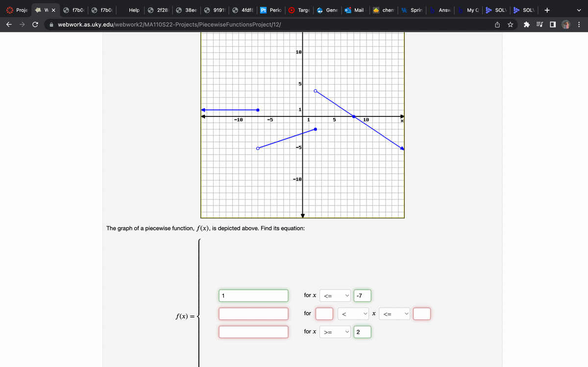 Proje
W X
f7b0
f7b0
Help
2f28
38eе
91911
4fdf8
Pt Perio
Targe
Gene
Mail
chem
k Sprin
Answ
My Q
SOLV
SOLV
+
webwork.as.uky.edu/webwork2/MA110S22-Projects/PiecewiseFunctionsProject/12/
10
5
-10
-5
1
5
10
-5
-10
The graph of a piecewise function, f(x), is depicted above. Find its equation:
1
for x
-7
for
<=
f(x) =
for x
>=
2
>
V
