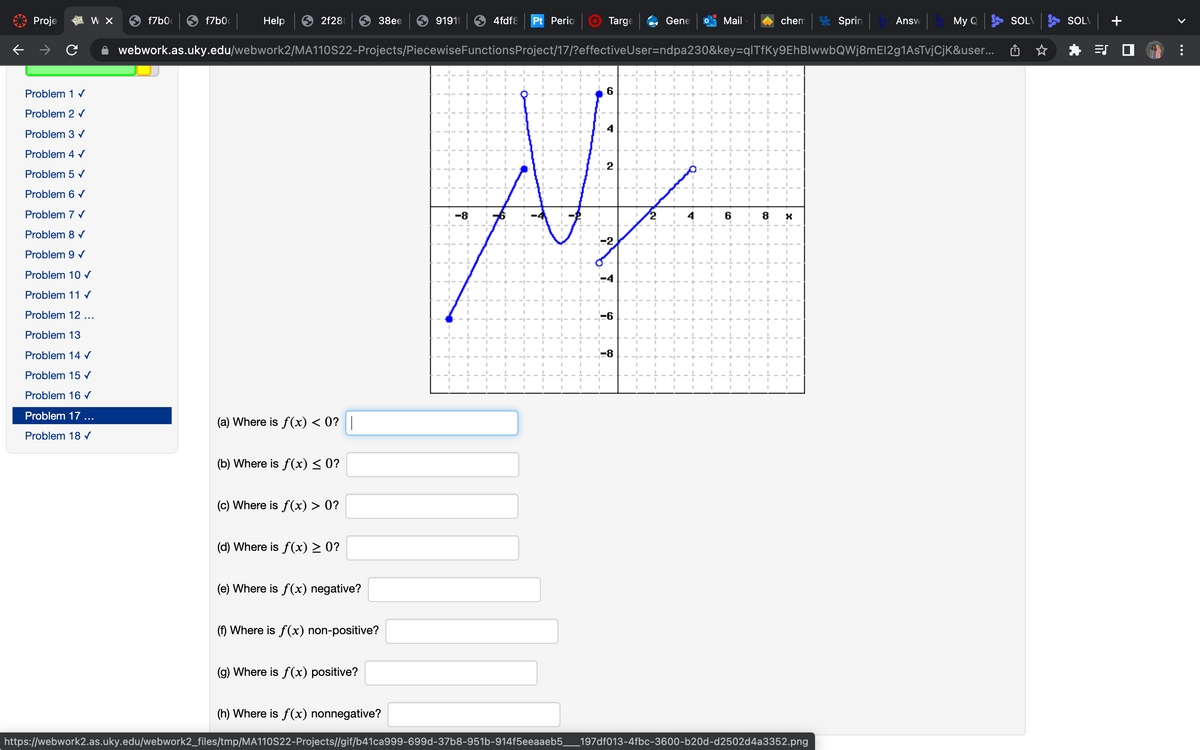 Proje
W X
f7b0
f7b0c
Help
2f28
38eе
91911
4fdf8
Pt Perio
Targe
Gene
Mail
chem
k Sprin
Answ
My Q
SOLV
SOLV
webwork.as.uky.edu/webwork2/MA110S22-Projects/PiecewiseFunctionsProject/17/?effectiveUser=ndpa230&key=qlTfKy9EhBlwwbQWj8mEl2g1AsTvjCjK&user...
Problem 1 v
Problem 2 v
Problem 3 v
Problem 4 v
Problem 5 v
Problem 6 v
Problem 7 v
-8
8
Problem 8 v
Problem 9 v
Problem 10 r
Problem 11 r
Problem 12 ...
-6
Problem 13
Problem 14 r
-8
Problem 15 r
Problem 16 r
Problem 17...
(a) Where is f(x) < 0?|
Problem 18 V
(b) Where is f(x) < 0?
(c) Where is f(x) > 0?
(d) Where is f(x) > 0?
(e) Where is f(x) negative?
(f) Where is f(x) non-positive?
(g) Where is f(x) positive?
(h) Where is f(x) nonnegative?
https://webwork2.as.uky.edu/webwork2_files/tmp/MA110S22-Projects/lgif/b41ca999-699d-37b8-951b-914f5eeaaeb5_
197df013-4fbc-3600-b20d-d2502d4a3352.png
レー
