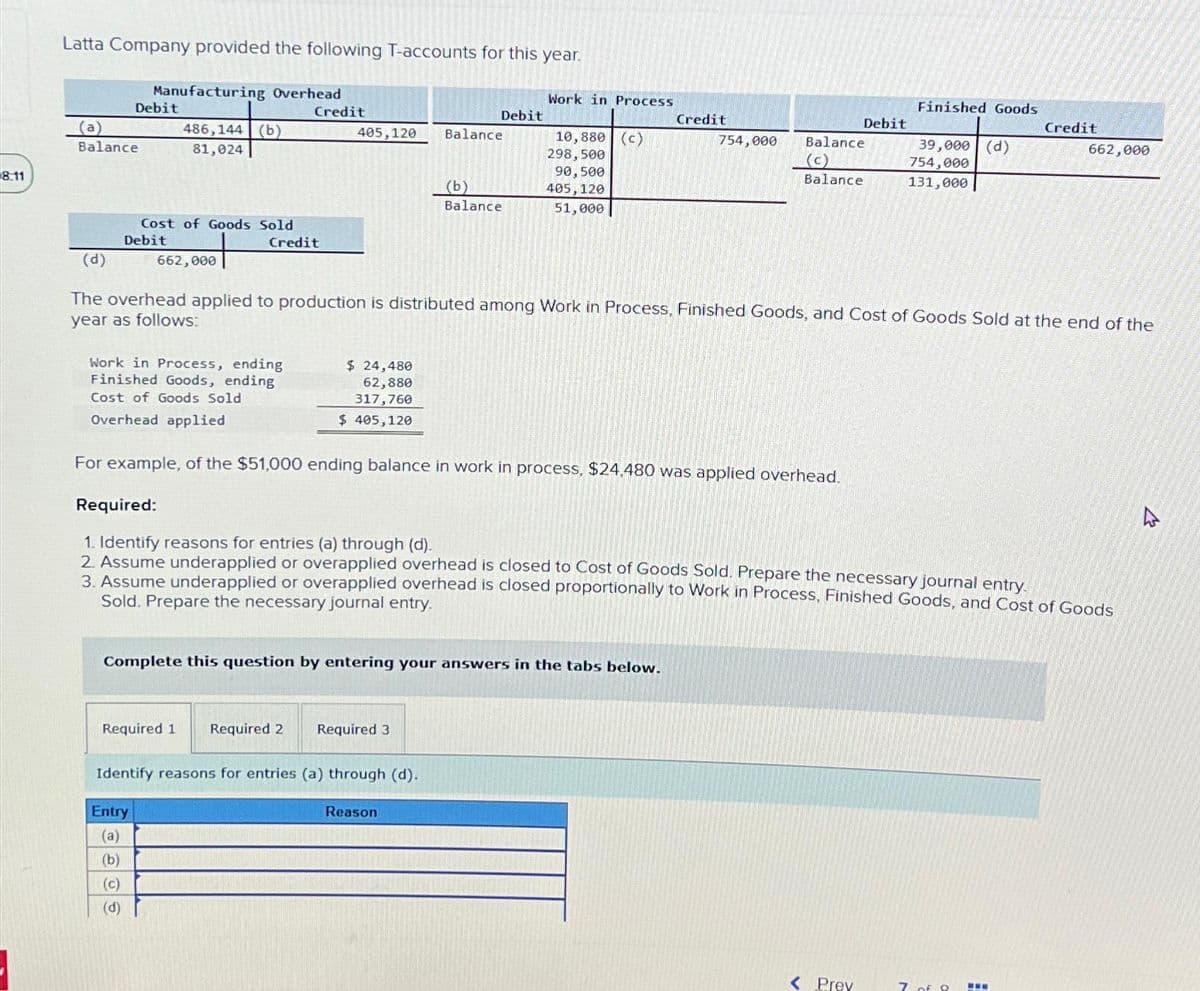 8.11
Latta Company provided the following T-accounts for this year.
(a)
Balance
Manufacturing Overhead
486,144 (b)
81,024
Debit
Cost of Goods Sold
Debit
Credit
662,000
Credit
405,120
Entry
(a)
(b)
(c)
(d)
$ 24,480
62,880
317,760
$ 405,120
Debit
Required 1 Required 2 Required 3
Balance
Identify reasons for entries (a) through (d).
(b)
Balance
Work in Process
Reason
10,880 (c)
298,500
90,500
405, 120
51,000
Work in Process, ending
Finished Goods, ending
Cost of Goods Sold
Overhead applied
For example, of the $51,000 ending balance in work in process, $24.480 was applied overhead.
Complete this question by entering your answers in the tabs below.
Credit
754,000
(d)
The overhead applied to production is distributed among Work in Process, Finished Goods, and Cost of Goods Sold at the end of the
year as follows:
Balance
(c)
Balance
Debit
Required:
1. Identify reasons for entries (a) through (d).
2. Assume underapplied or overapplied overhead is closed to Cost of Goods Sold. Prepare the necessary journal entry.
3. Assume underapplied or overapplied overhead is closed proportionally to Work in Process, Finished Goods, and Cost of Goods
Sold. Prepare the necessary journal entry.
Finished Goods
< Prey
39,000 (d)
754,000
131,000
Credit
7 of 8
662,000
www
4