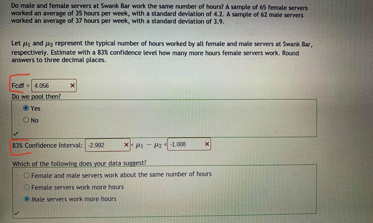 Do male and female servers at Swank Bar work the same number of hours? A sample of 65 female servers
worked an average of 35 hours per week, with a standard deviation of 4.2. A sample of 62 male servers
worked an average of 37 hours per week, with a standard deviation of 3.9.
Let µi and µ2 represent the typical number of hours worked by all female and male servers at Swank Bar,
respectively. Estimate with a 83% confidence level how many more hours female servers work. Round
answers to three decimal places.
Fcdf
4.056
%3D
Do we pool then?
O Yes
O No
83% Confidence Interval: -2.992
X< H1 - H2 <-1.008
Which of the following does your data suggest?
O Female and male servers work about the same number of hours
O Female servers work more hours
Male servers work more hours
