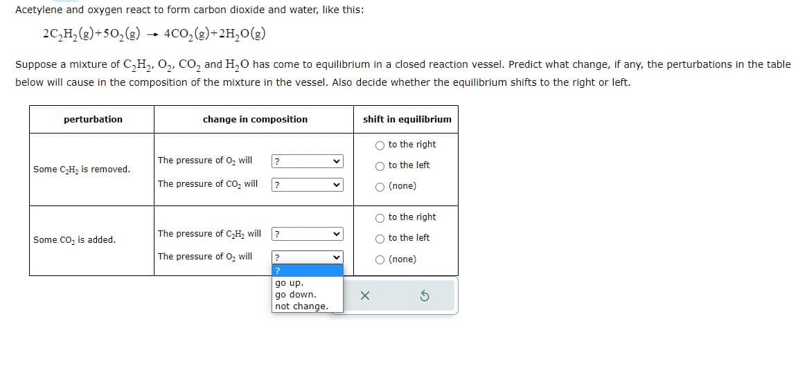 Acetylene and oxygen react to form carbon dioxide and water, like this:
2C₂H₂(g) +50₂(g) → 4CO₂(g) +2H₂O(g)
-
Suppose a mixture of C₂H₂, O₂, CO₂ and H₂O has come to equilibrium in a closed reaction vessel. Predict what change, if any, the perturbations in the table
below will cause in the composition of the mixture in the vessel. Also decide whether the equilibrium shifts to the right or left.
perturbation
Some C₂H₂ is removed.
Some CO₂ is added.
change in composition
The pressure of O₂ will
The pressure of CO₂ will
The pressure of C₂H₂ will
The pressure of O₂ will
?
?
?
?
?
go up.
go down.
not change.
V
shift in equilibrium
O to the right
O to the left
O (none)
X
O to the right
to the left
O (none)
5