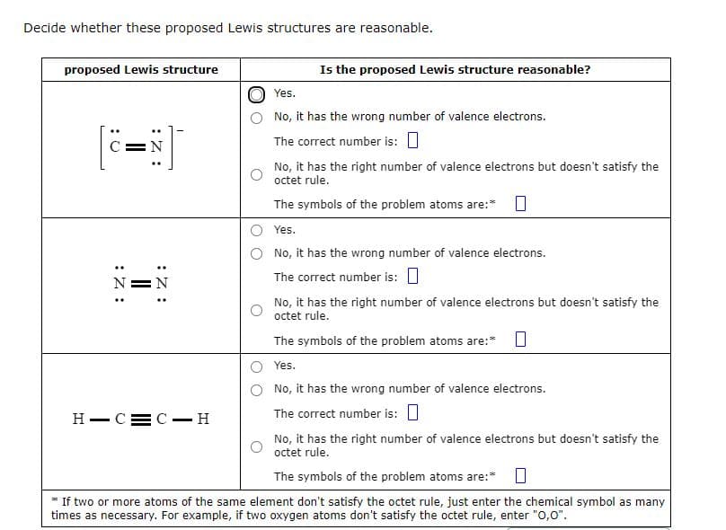 Decide whether these proposed Lewis structures are reasonable.
proposed Lewis structure
:0
:Z:
N
:Z:
:Z:
Is the proposed Lewis structure reasonable?
HIC C-H
Yes.
No, it has the wrong number of valence electrons.
The correct number is:
No, it has the right number of valence electrons but doesn't satisfy the
octet rule.
The symbols of the problem atoms are:* 0
Yes.
No, it has the wrong number of valence electrons.
The correct number is:
No, it has the right number of valence electrons but doesn't satisfy the
octet rule.
The symbols of the problem atoms are:* 0
Yes.
No, it has the wrong number of valence electrons.
The correct number is:
No, it has the right number of valence electrons but doesn't satisfy the
octet rule.
The symbols of the problem atoms are:* 0
If two or more atoms of the same element don't satisfy the octet rule, just enter the chemical symbol as many
times as necessary. For example, if two oxygen atoms don't satisfy the octet rule, enter "0,0".